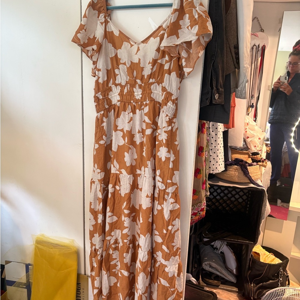 Blu Pepper Brown and White Flutter Sleeve Maxi Sundress